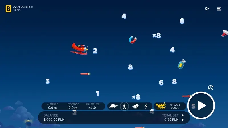 Aviamasters 2 bet panel with balance, stake and Play controls