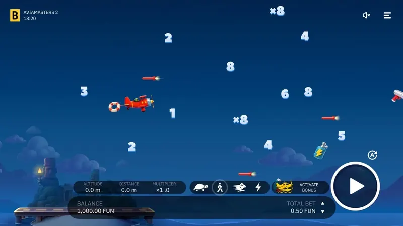 Aviamasters 2 gameplay: red plane collecting multipliers in the sky